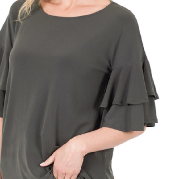 Zenana Ash Gray Double Ruffle Sleeve Drop Shoulders Top NWT - Picture 3 of 8